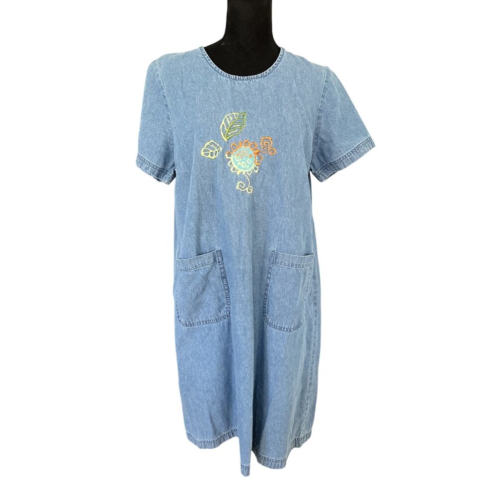 Vtg Blair Flower Denim Dress Boho Muumuu Pockets Size Medium Embroidered 40”L